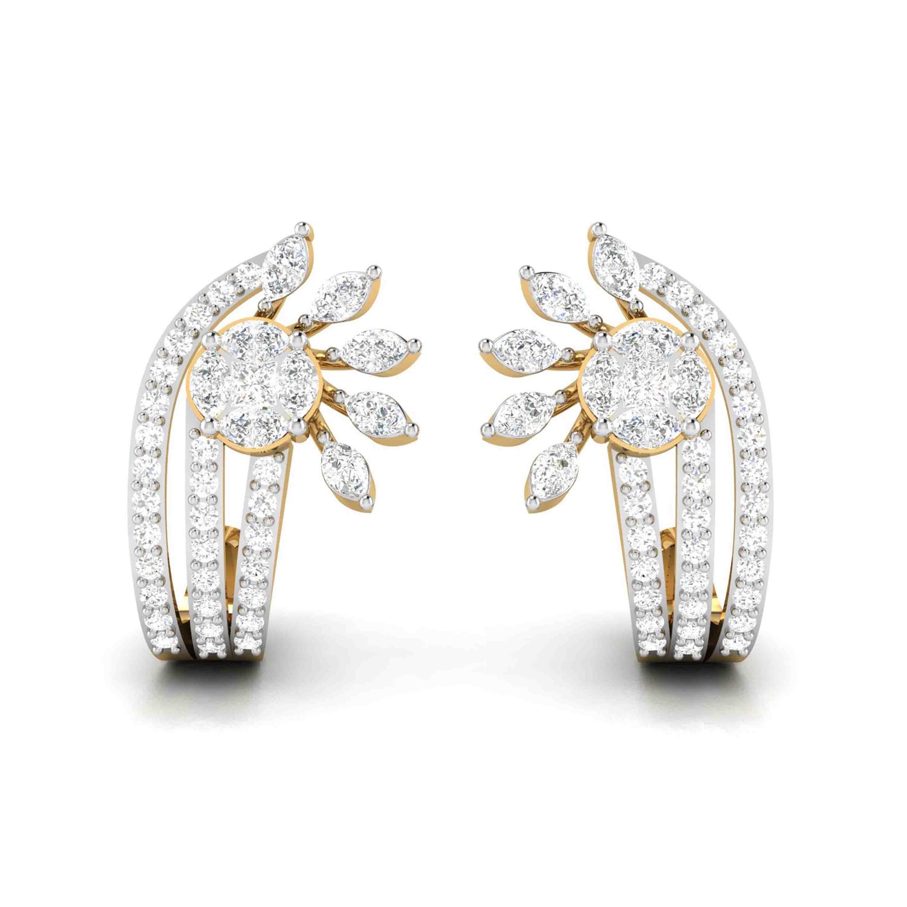 Gold earrings with a three-strand design are adorned with numerous small diamonds. Each earring features a central circular cluster of diamonds surrounded by leaf-shaped arrangements, creating a flower-like appearance. Im sorry, but there might be an issue with the product description.