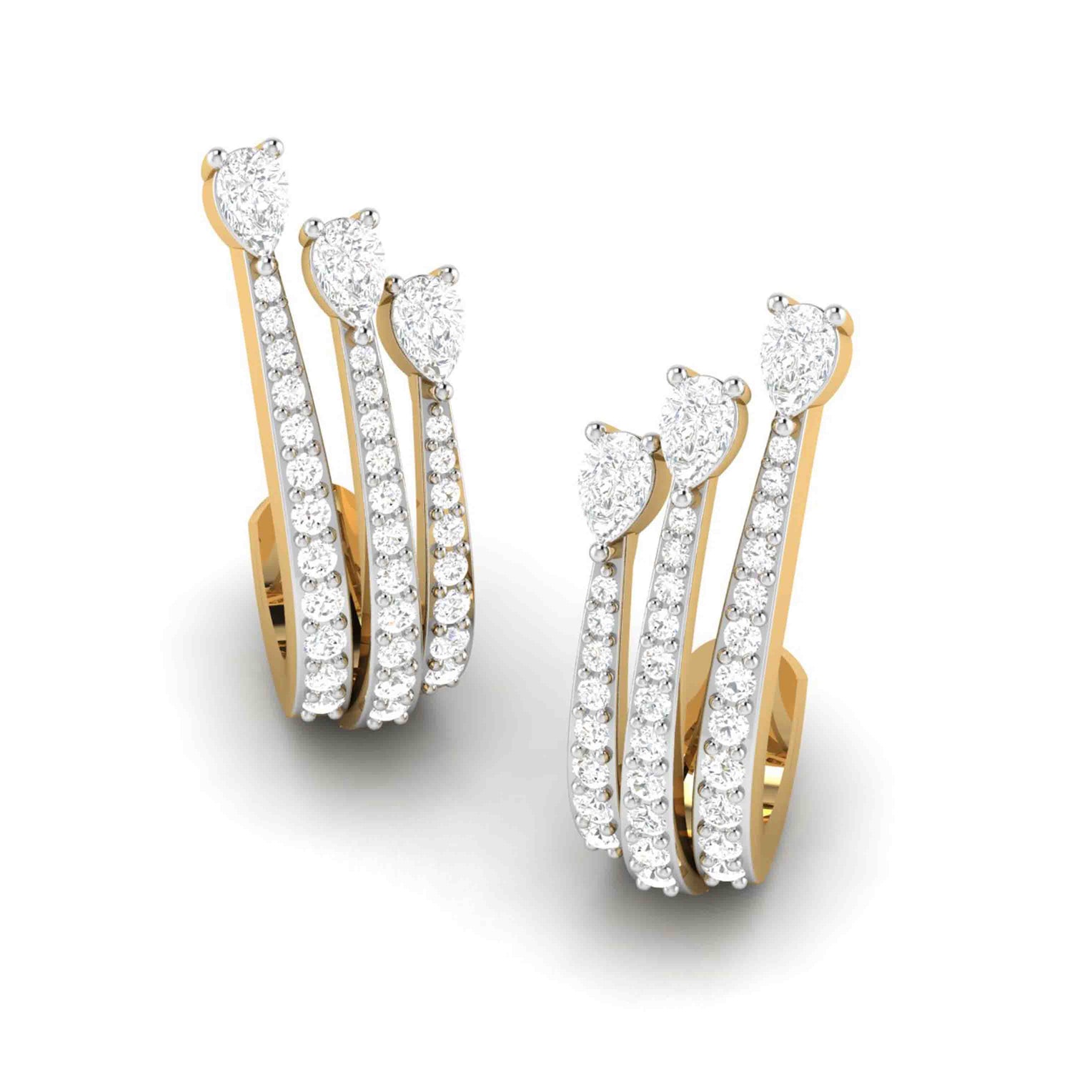 The Bethany Diamond Earring by Niraa features elegant gold earrings with vertical pear-shaped diamond clusters set in white gold, accented with round-cut diamonds along the stems for a timeless, sophisticated look.