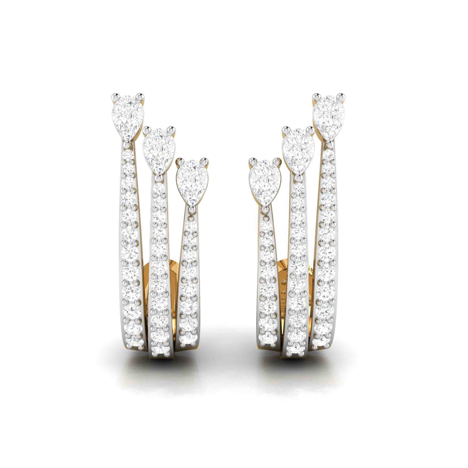 The Bethany Diamond Earring by Niraa features elegant gold earrings with vertical pear-shaped diamond clusters set in white gold, accented with round-cut diamonds along the stems for a timeless, sophisticated look.