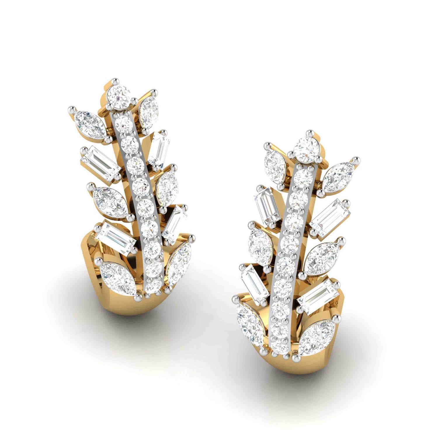 The Bijou Diamond Earring by Niraa features a leaf design with shimmering round, marquise, and baguette-shaped diamonds in a flawless vertical arrangement. Perfect for adding elegance and sophistication to any jewelry collection.
