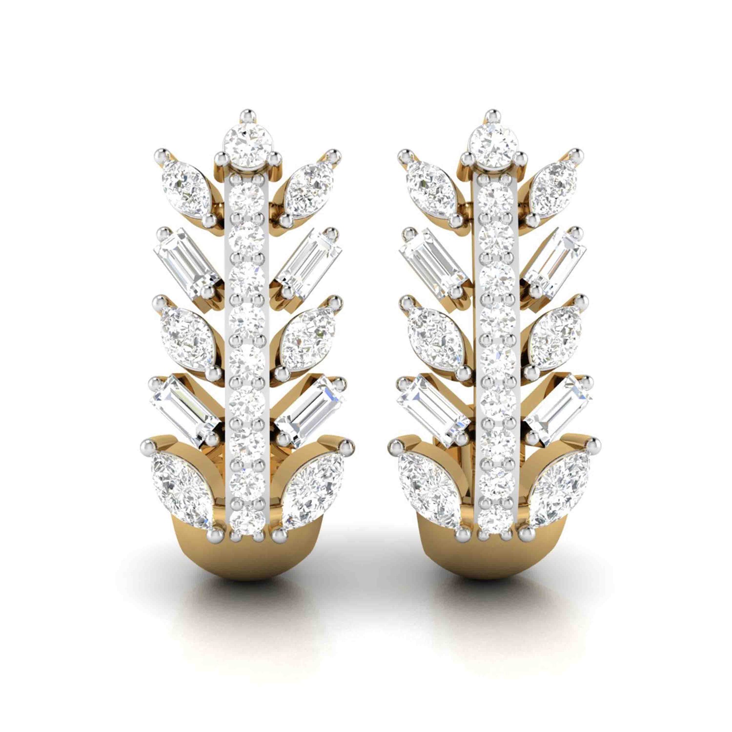 The Bijou Diamond Earring by Niraa features a leaf design with shimmering round, marquise, and baguette-shaped diamonds in a flawless vertical arrangement. Perfect for adding elegance and sophistication to any jewelry collection.