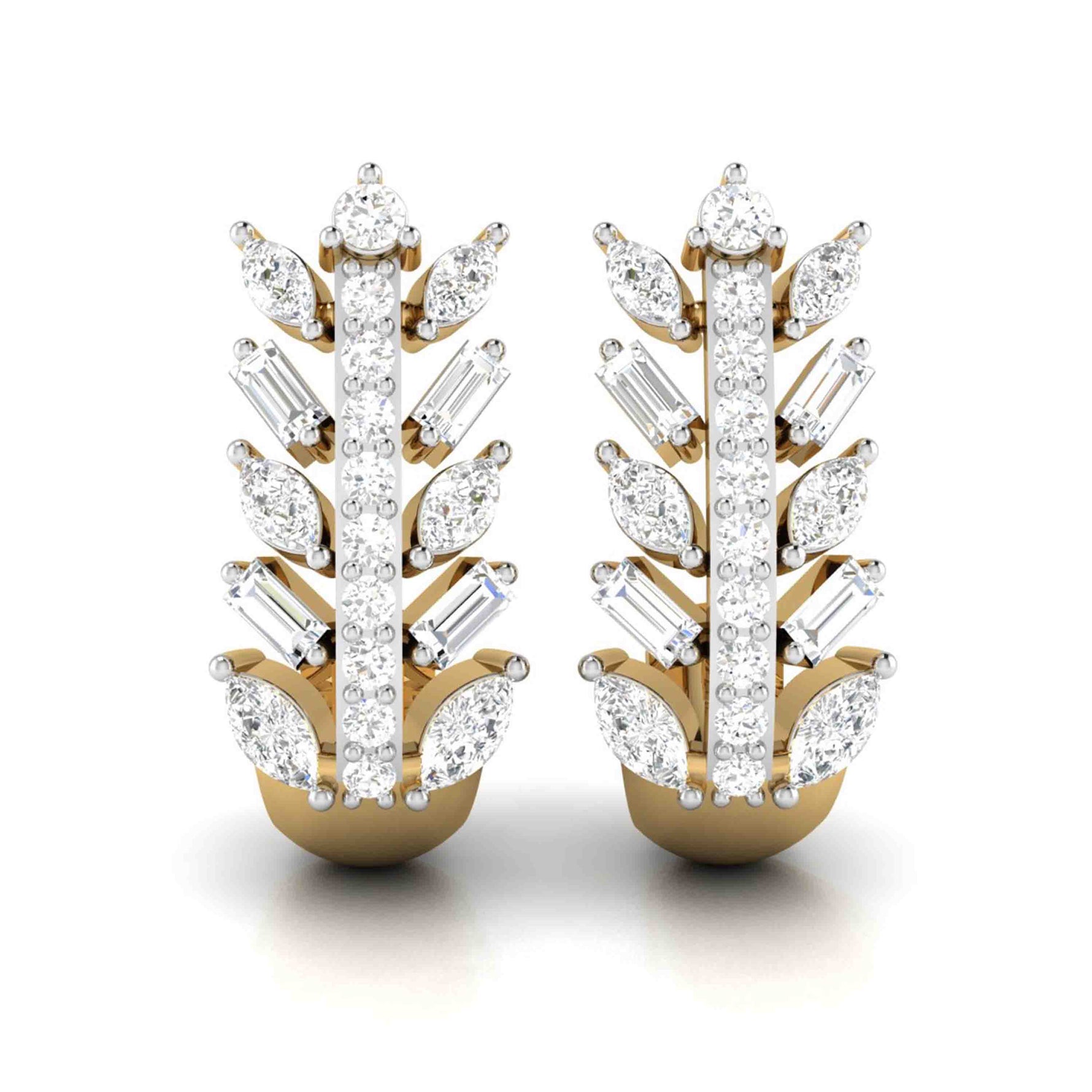 The Bijou Diamond Earring by Niraa features a leaf design with shimmering round, marquise, and baguette-shaped diamonds in a flawless vertical arrangement. Perfect for adding elegance and sophistication to any jewelry collection.