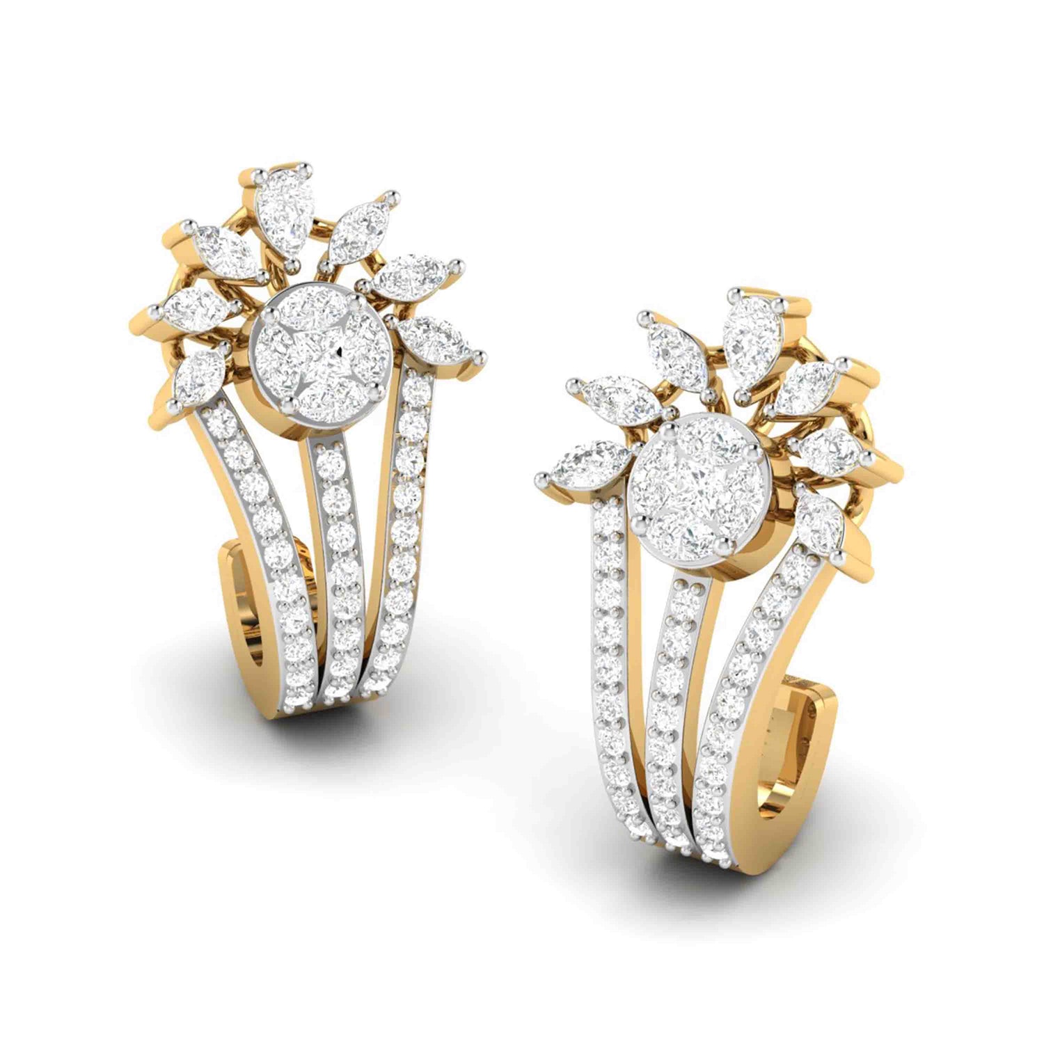Discover the elegance of the Brigitte Diamond Earring by Niraa, featuring a radiant floral design of round and marquise-cut diamonds. Resembling a blooming flower with a central diamond cluster, these earrings captivate with their layered brilliance.