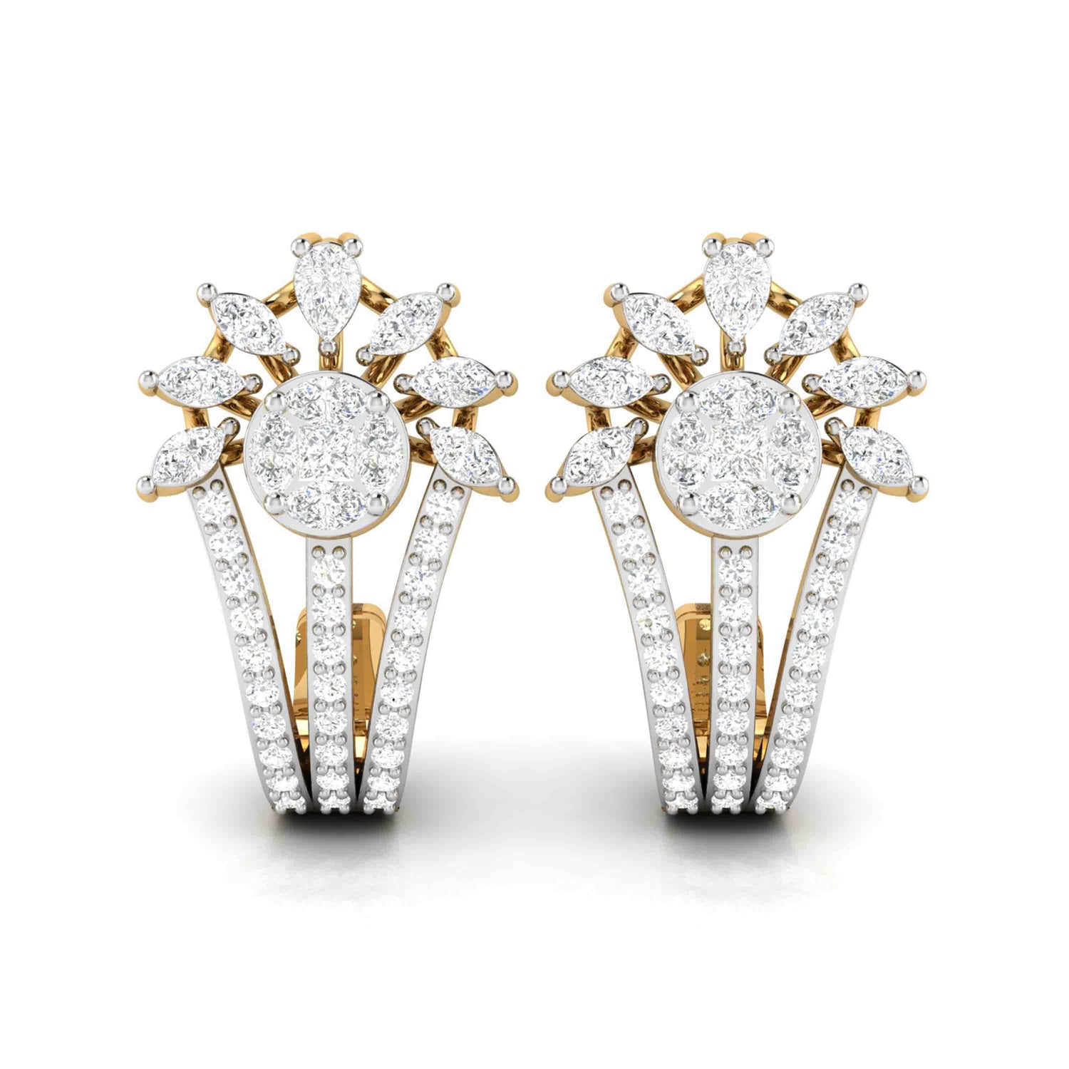 Discover the elegance of the Brigitte Diamond Earring by Niraa, featuring a radiant floral design of round and marquise-cut diamonds. Resembling a blooming flower with a central diamond cluster, these earrings captivate with their layered brilliance.