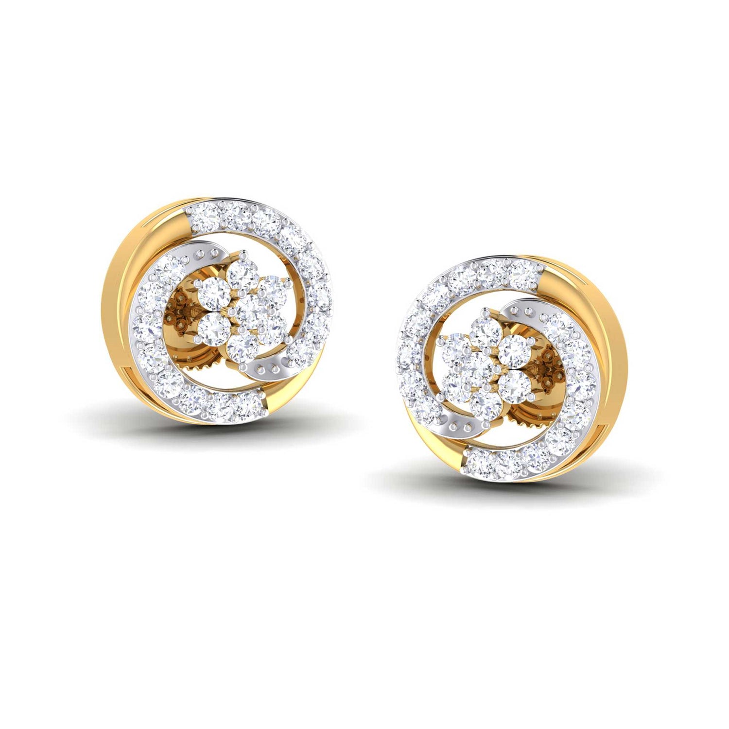 The Caledonia Diamond Earrings by Niraa feature elegant circular designs with gold and silver accents, showcasing a central flower-like cluster of clear gemstones. Intertwining loops adorned with sparkling gems add sophistication to any ensemble.