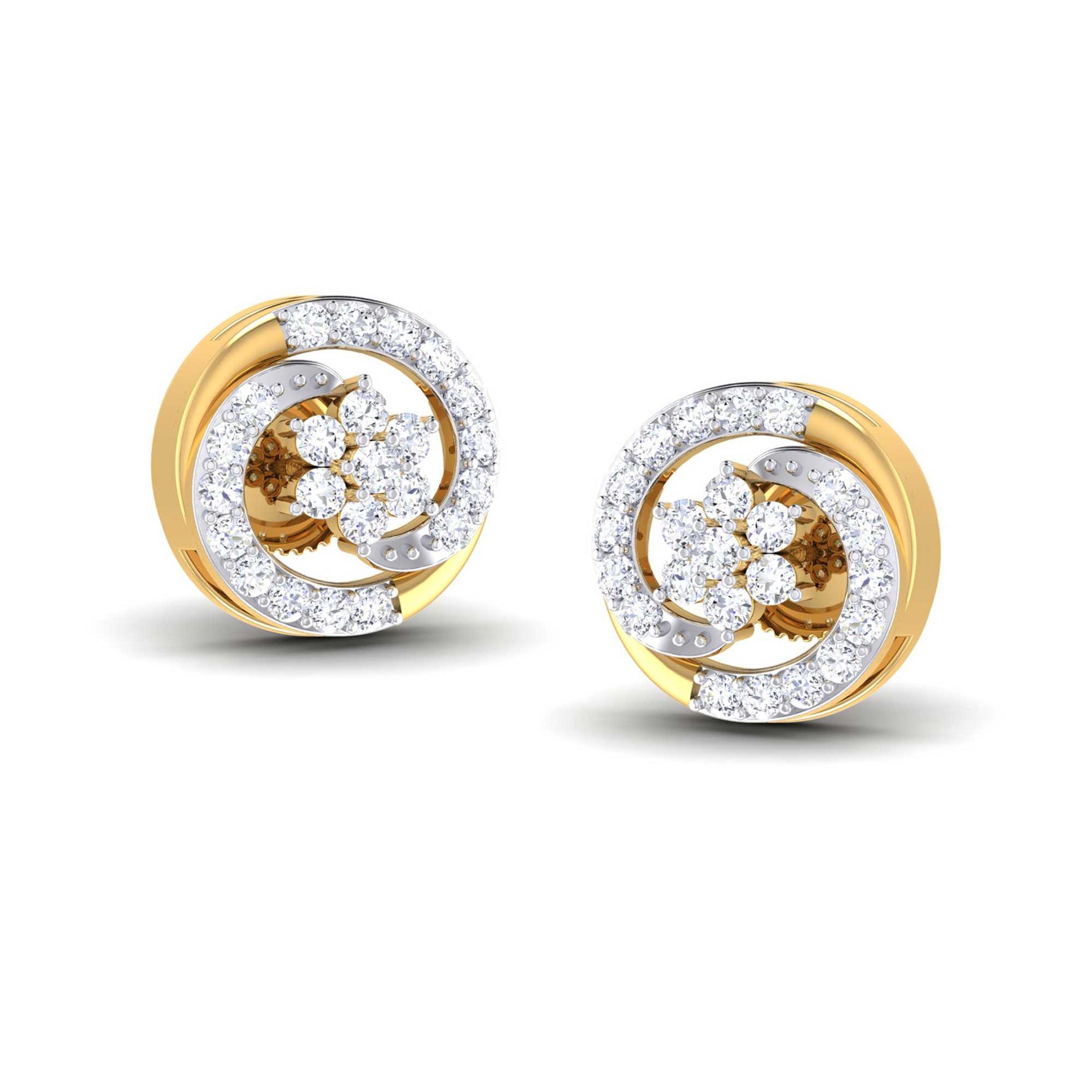 The Caledonia Diamond Earrings by Niraa feature elegant circular designs with gold and silver accents, showcasing a central flower-like cluster of clear gemstones. Intertwining loops adorned with sparkling gems add sophistication to any ensemble.