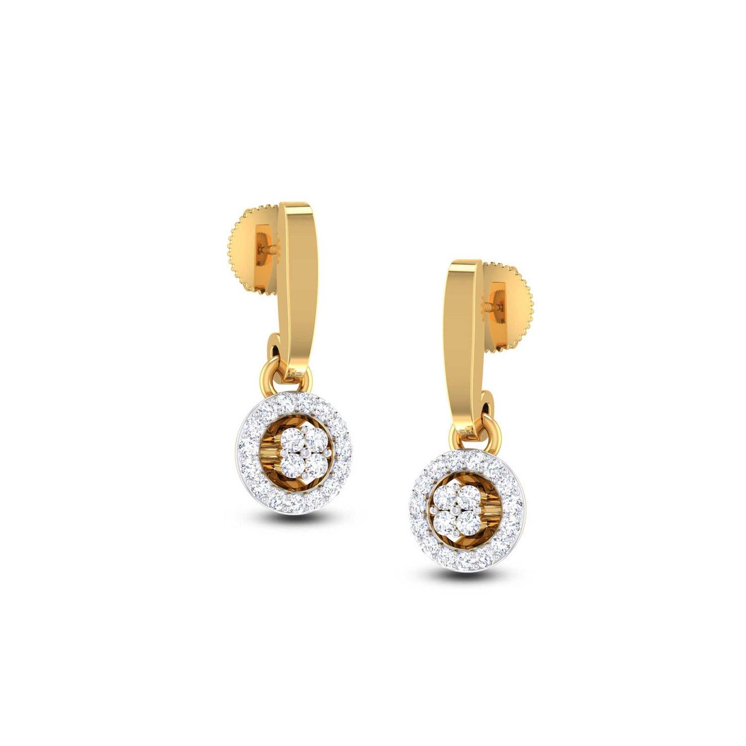 Camilla Diamond Earrings by Niraa feature elegant gold drops with central round diamond clusters, encircled by a halo of smaller diamonds. The sleek modern design and polished finish add refined sophistication.