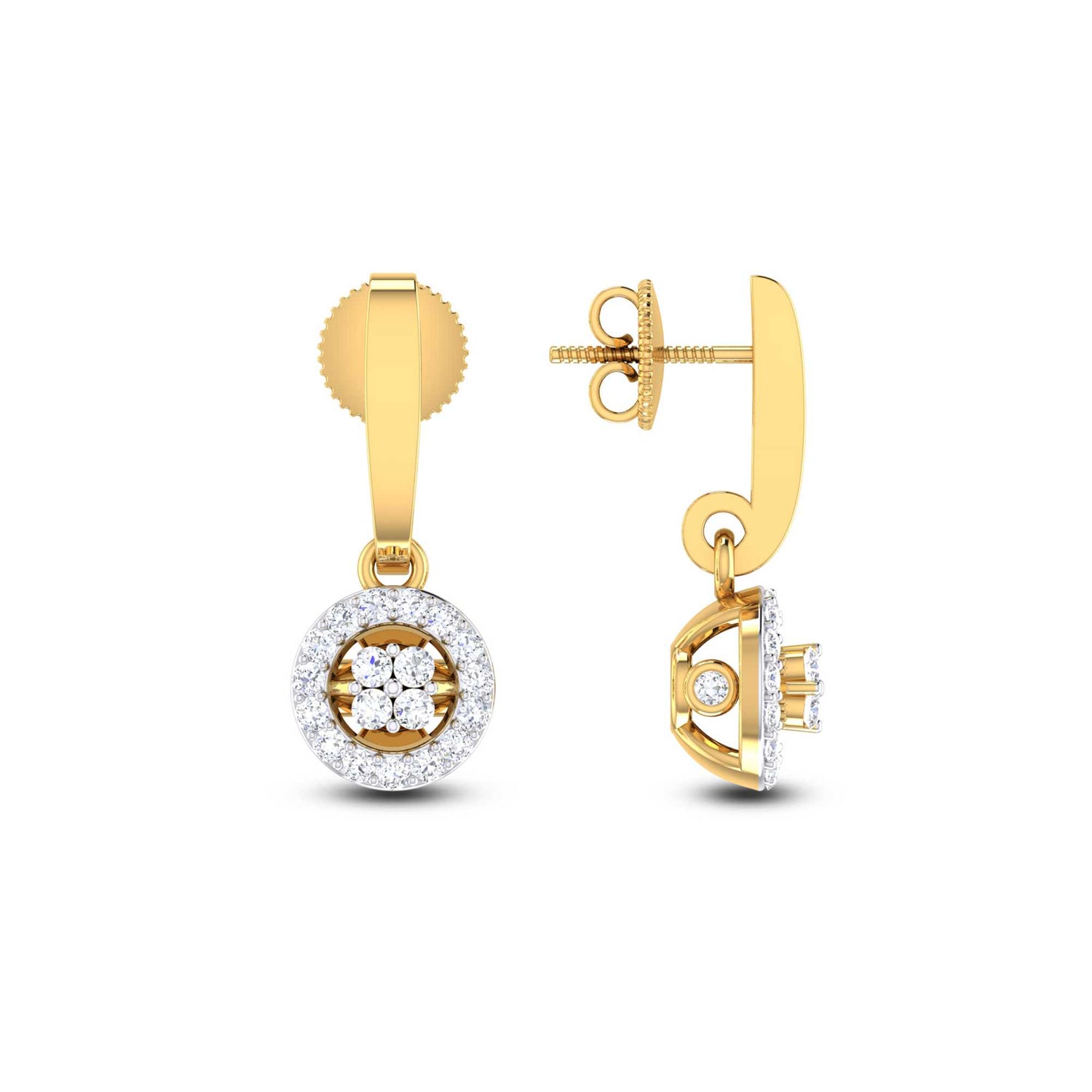 Camilla Diamond Earrings by Niraa feature elegant gold drops with central round diamond clusters, encircled by a halo of smaller diamonds. The sleek modern design and polished finish add refined sophistication.