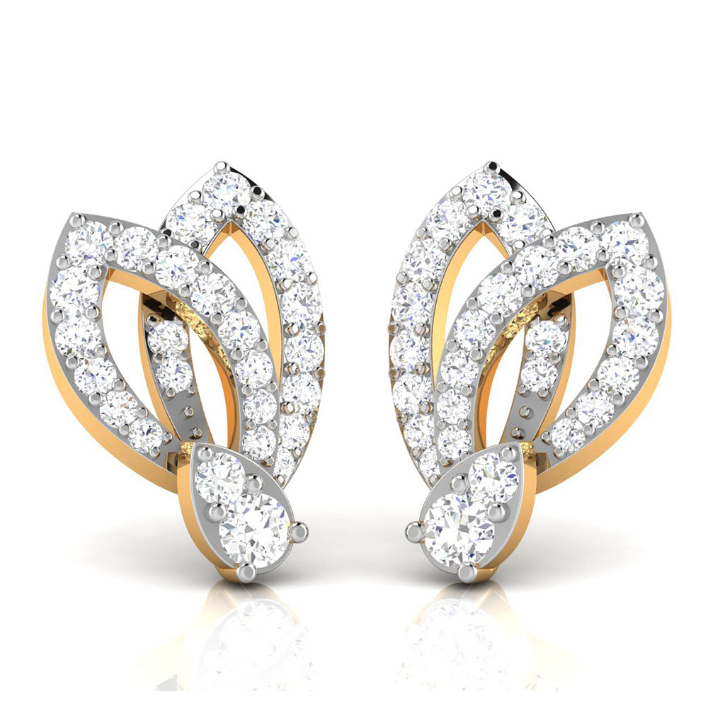 The Niraa Camille Diamond Earrings feature a swirling, leaf-like design with three overlapping loops adorned with small diamonds, ending in a larger diamond at the base. The elegant gold setting enhances their timeless beauty.