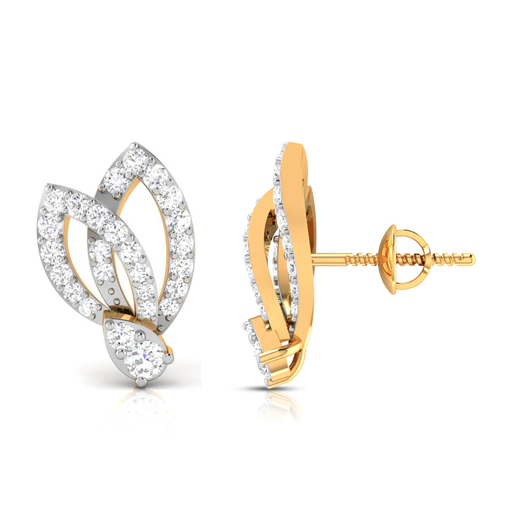 The Niraa Camille Diamond Earrings feature a swirling, leaf-like design with three overlapping loops adorned with small diamonds, ending in a larger diamond at the base. The elegant gold setting enhances their timeless beauty.