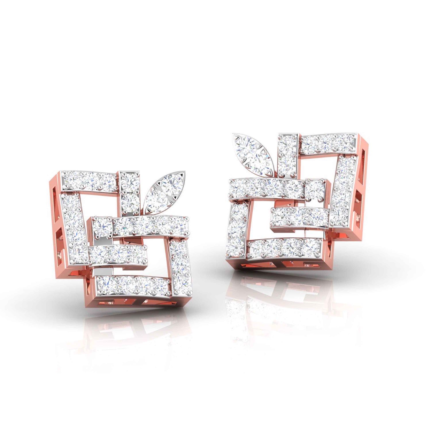Close-up of the Niraa Candida Diamond Earrings. These gold earrings feature an intricate geometric pattern with squares and overlapping lines, adorned with sparkling diamonds for a shiny, luxurious appearance.