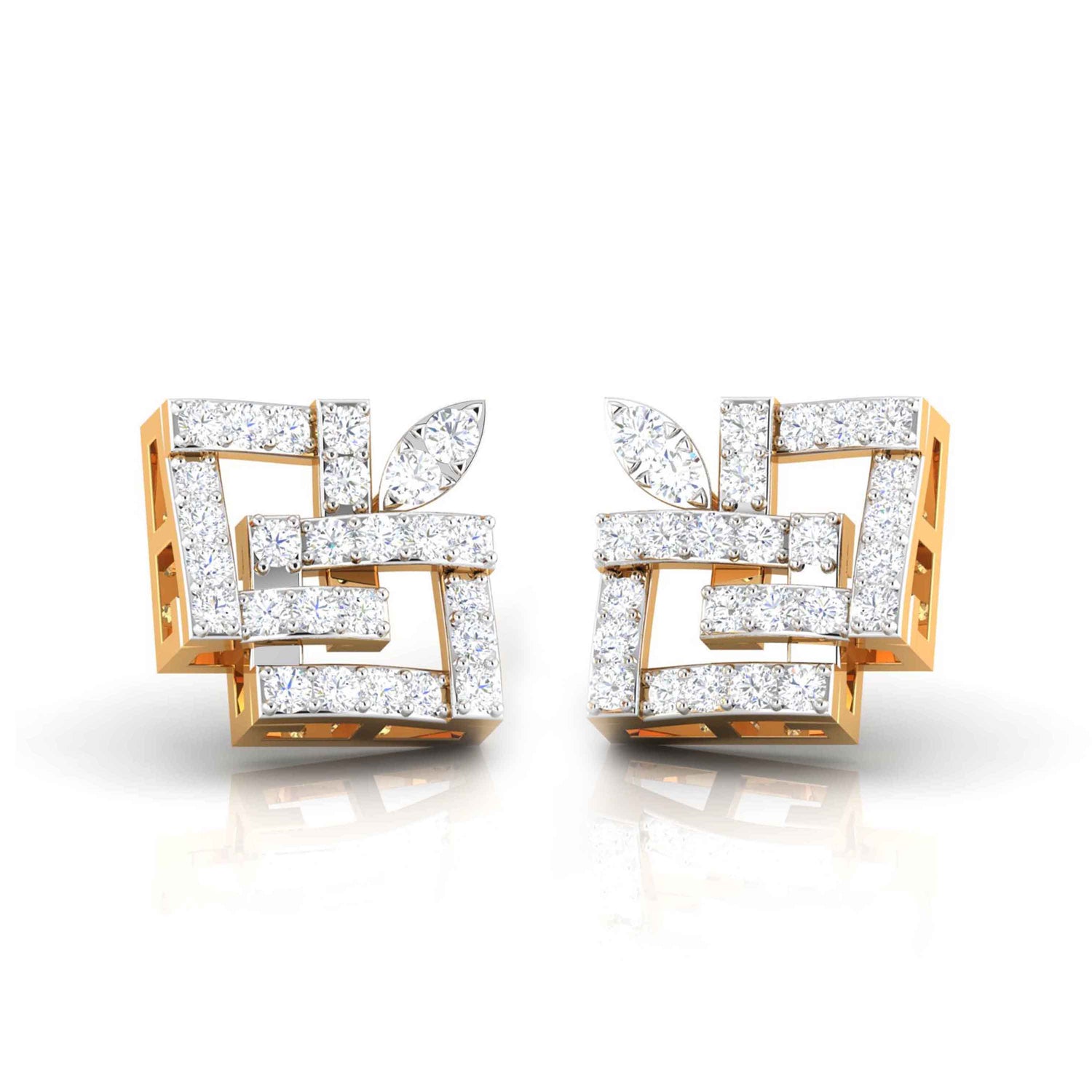 Close-up of the Niraa Candida Diamond Earrings. These gold earrings feature an intricate geometric pattern with squares and overlapping lines, adorned with sparkling diamonds for a shiny, luxurious appearance.