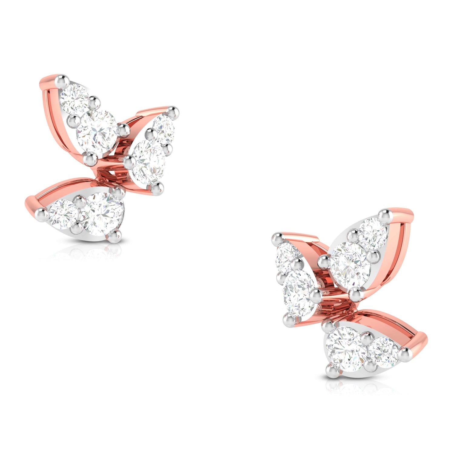Niraas Carina Diamond Earrings feature an elegant gold butterfly shape adorned with multiple round diamond-like stones on each wing. The lustrous design beautifully captures light, making these exquisite earrings a perfect addition to any collection. Displayed gracefully against a plain white background.