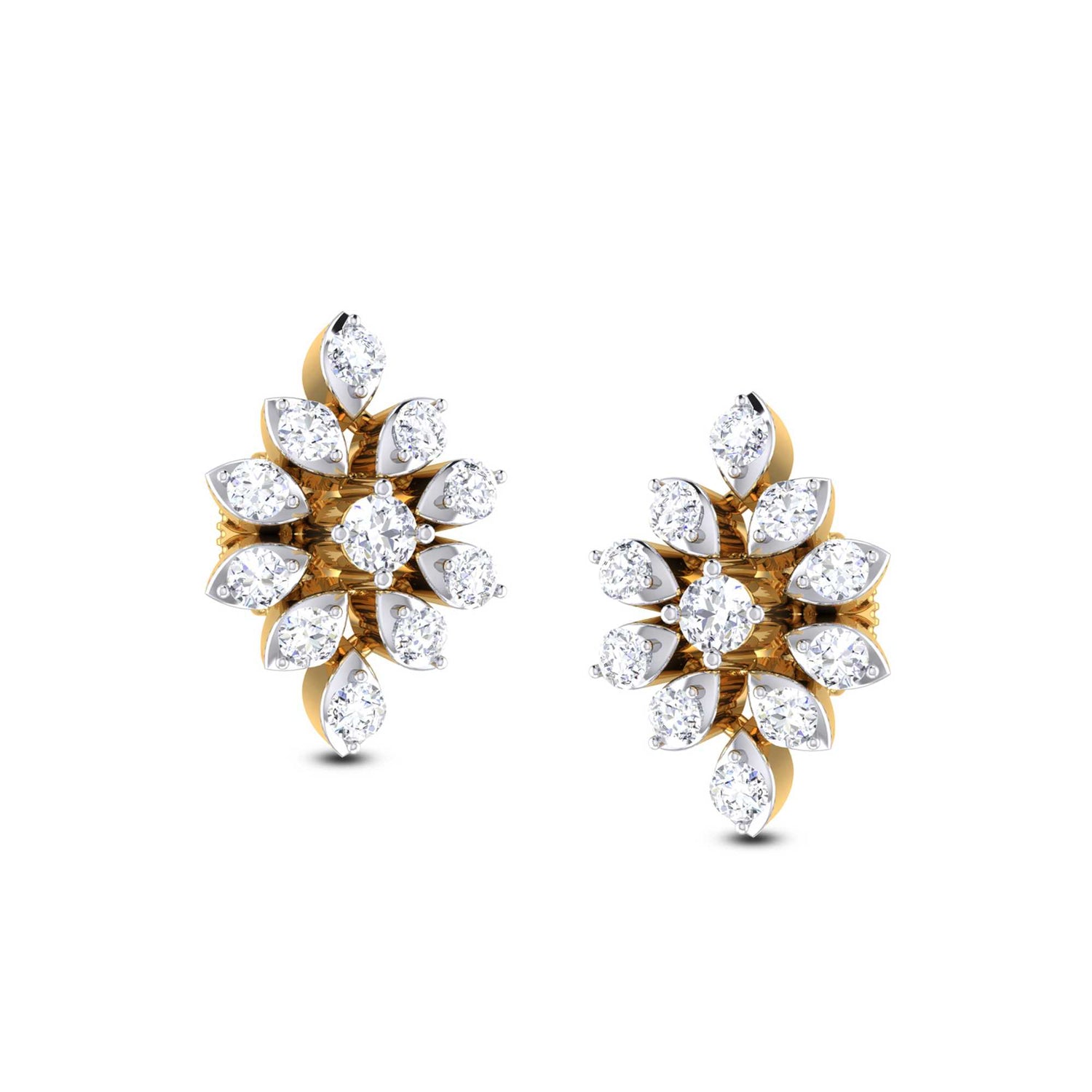 The Clara Diamond Earring by Niraa showcases a luxurious floral pattern. These elegant gold earrings are adorned with clusters of sparkling, marquise-cut diamonds and feature intricate layered petals for a sophisticated and opulent look.