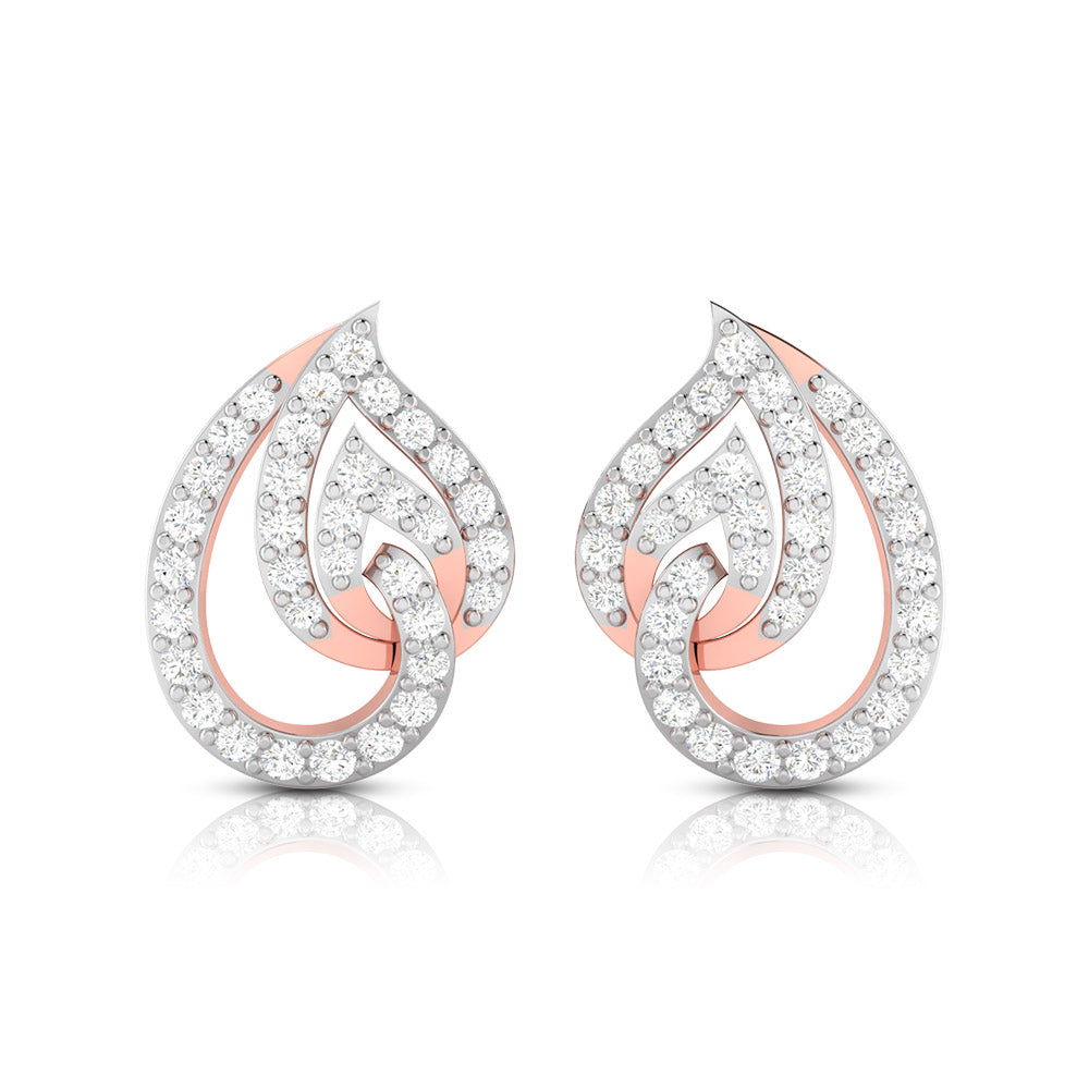 The Caterina Diamond Earrings by Niraa are teardrop-shaped, featuring an intricate overlapping design with two intertwined loops adorned with small diamonds. Their polished finish elegantly reflects light, making them perfect for any occasion.