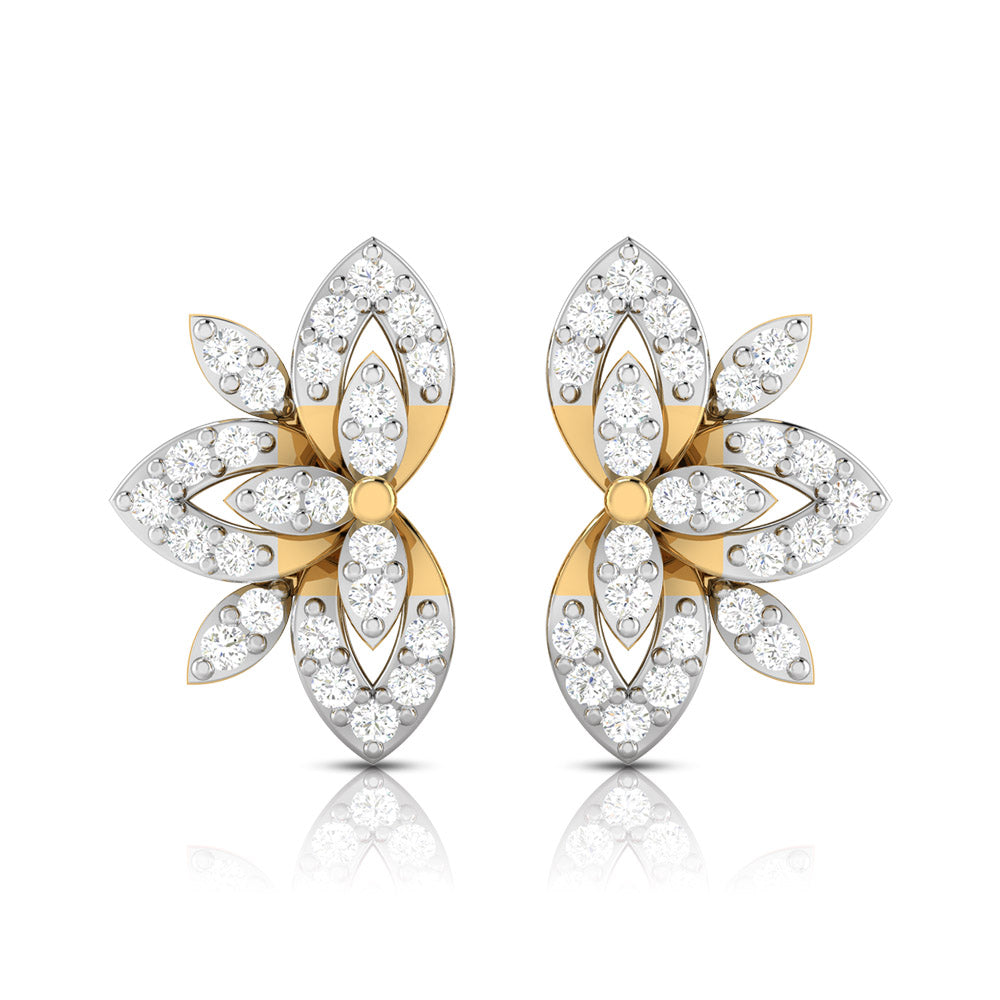 The Christiana Diamond Earrings by Niraa feature a floral design with four marquise-shaped diamond-encrusted petals symmetrically arranged around a central gold point, creating an elegant and captivating pattern.