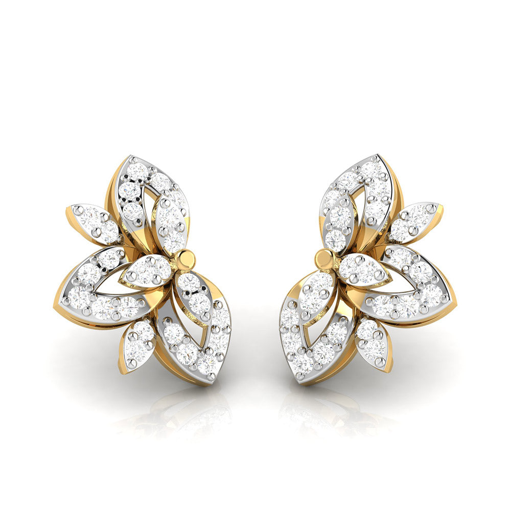 The Christiana Diamond Earrings by Niraa feature a floral design with four marquise-shaped diamond-encrusted petals symmetrically arranged around a central gold point, creating an elegant and captivating pattern.