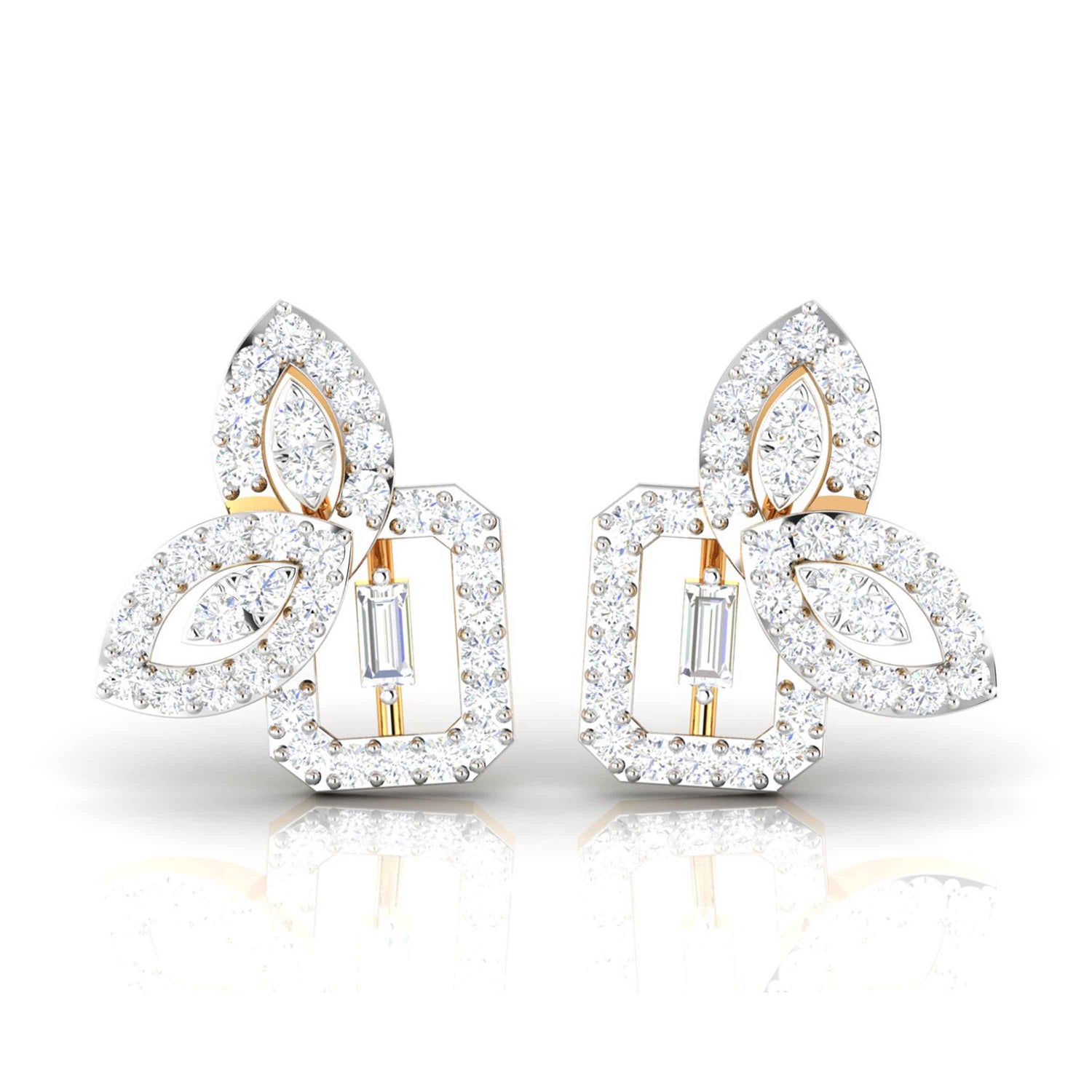 Niraas Coty Diamond Earrings showcase a three-leaf floral design adorned with clustered diamonds around a rectangular center, framed by gold. The glistening diamonds offer a luxurious touch, ensuring you stand out at any event.