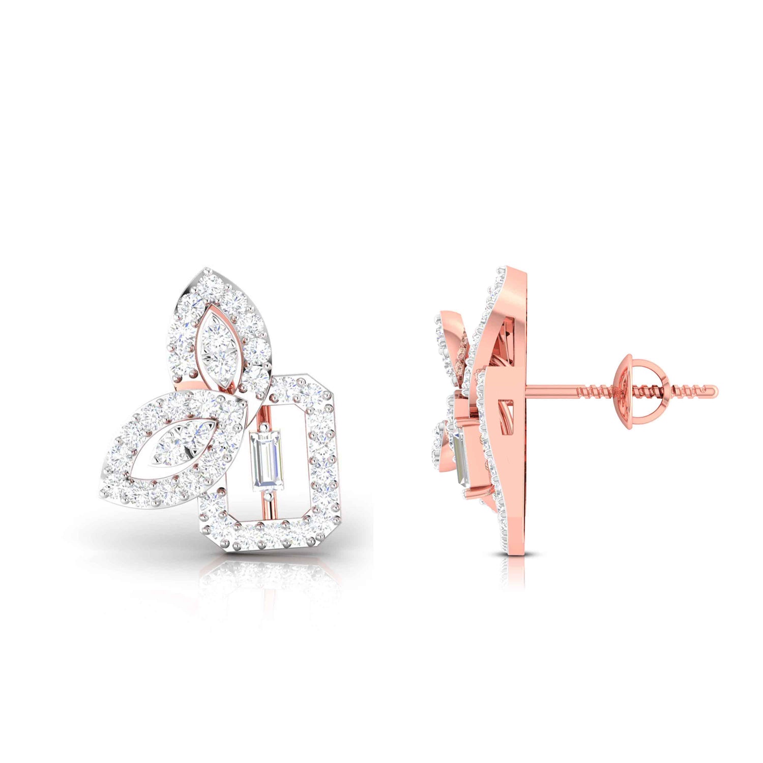 Niraas Coty Diamond Earrings showcase a three-leaf floral design adorned with clustered diamonds around a rectangular center, framed by gold. The glistening diamonds offer a luxurious touch, ensuring you stand out at any event.