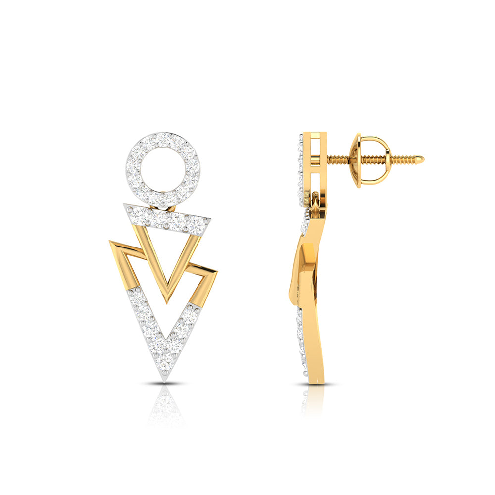 The Dior Diamond Earring by Niraa features an exquisite geometric design, with a captivating circle at the top leading to two dazzling, diamond-studded triangles.