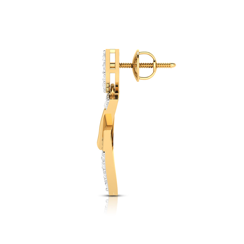 The Dior Diamond Earring by Niraa features an exquisite geometric design, with a captivating circle at the top leading to two dazzling, diamond-studded triangles.