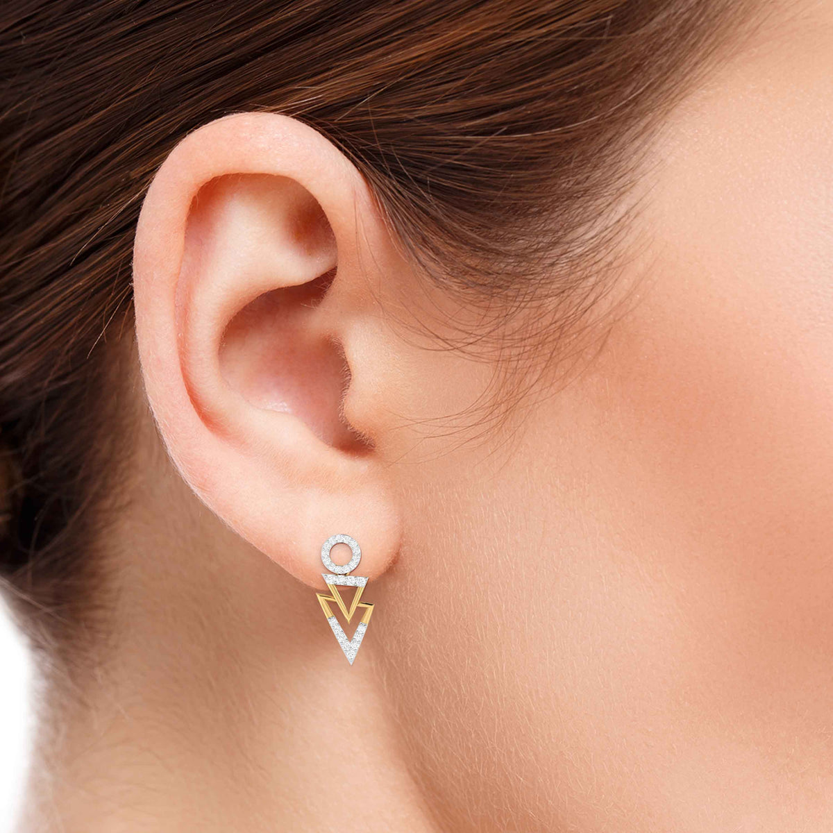 The Dior Diamond Earring by Niraa features an exquisite geometric design, with a captivating circle at the top leading to two dazzling, diamond-studded triangles.