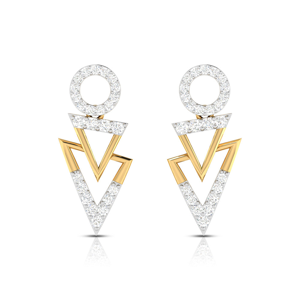 The Dior Diamond Earring by Niraa features an exquisite geometric design, with a captivating circle at the top leading to two dazzling, diamond-studded triangles.