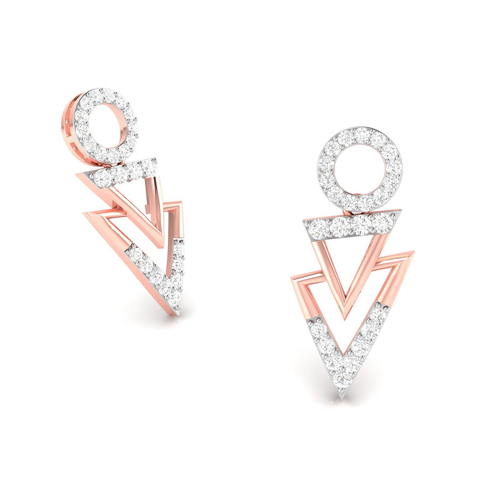 The Dior Diamond Earring by Niraa features an exquisite geometric design, with a captivating circle at the top leading to two dazzling, diamond-studded triangles.