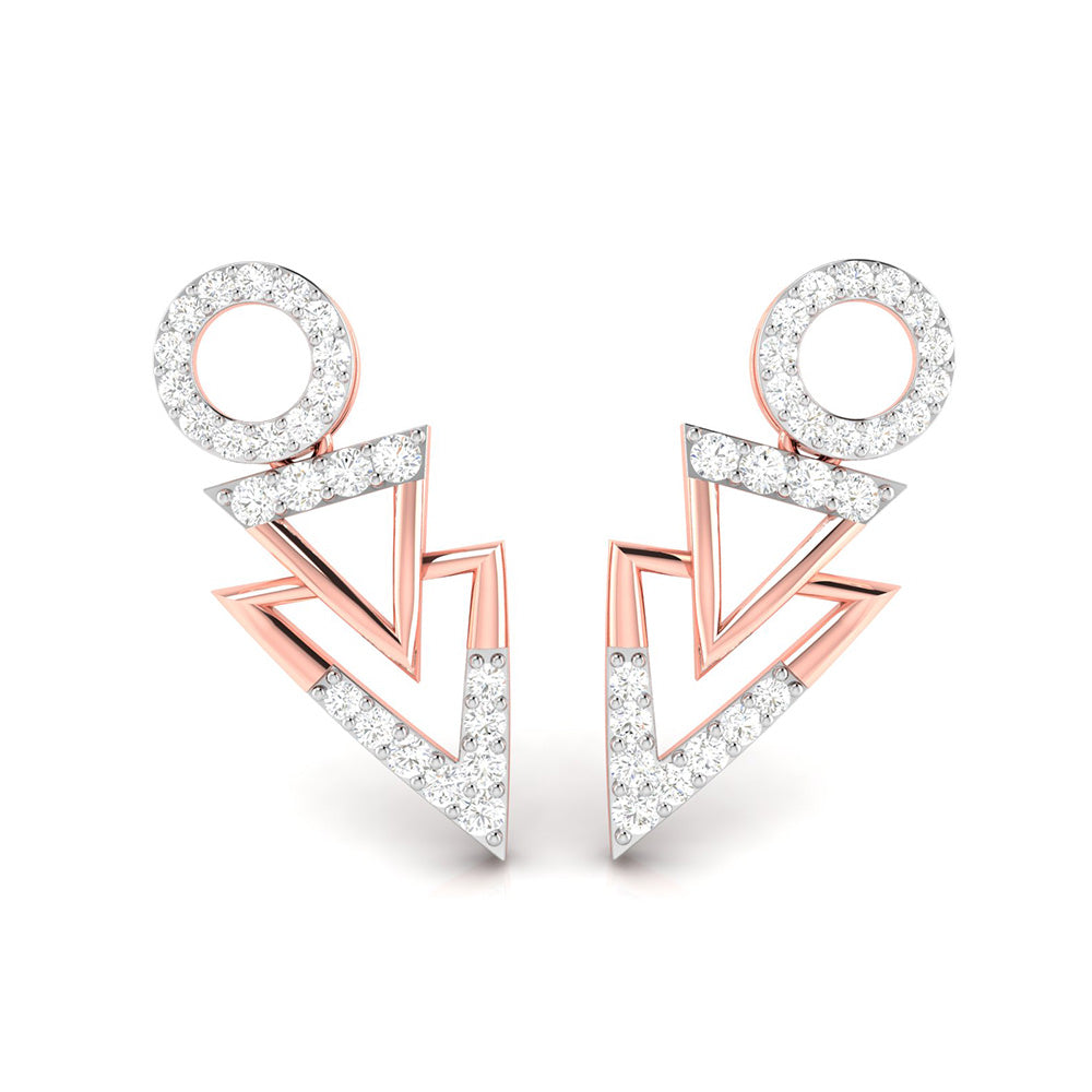 The Dior Diamond Earring by Niraa features an exquisite geometric design, with a captivating circle at the top leading to two dazzling, diamond-studded triangles.