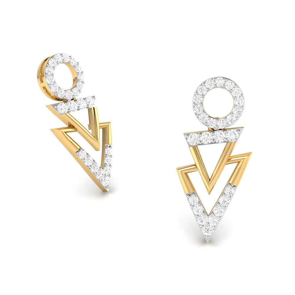 The Dior Diamond Earring by Niraa features an exquisite geometric design, with a captivating circle at the top leading to two dazzling, diamond-studded triangles.