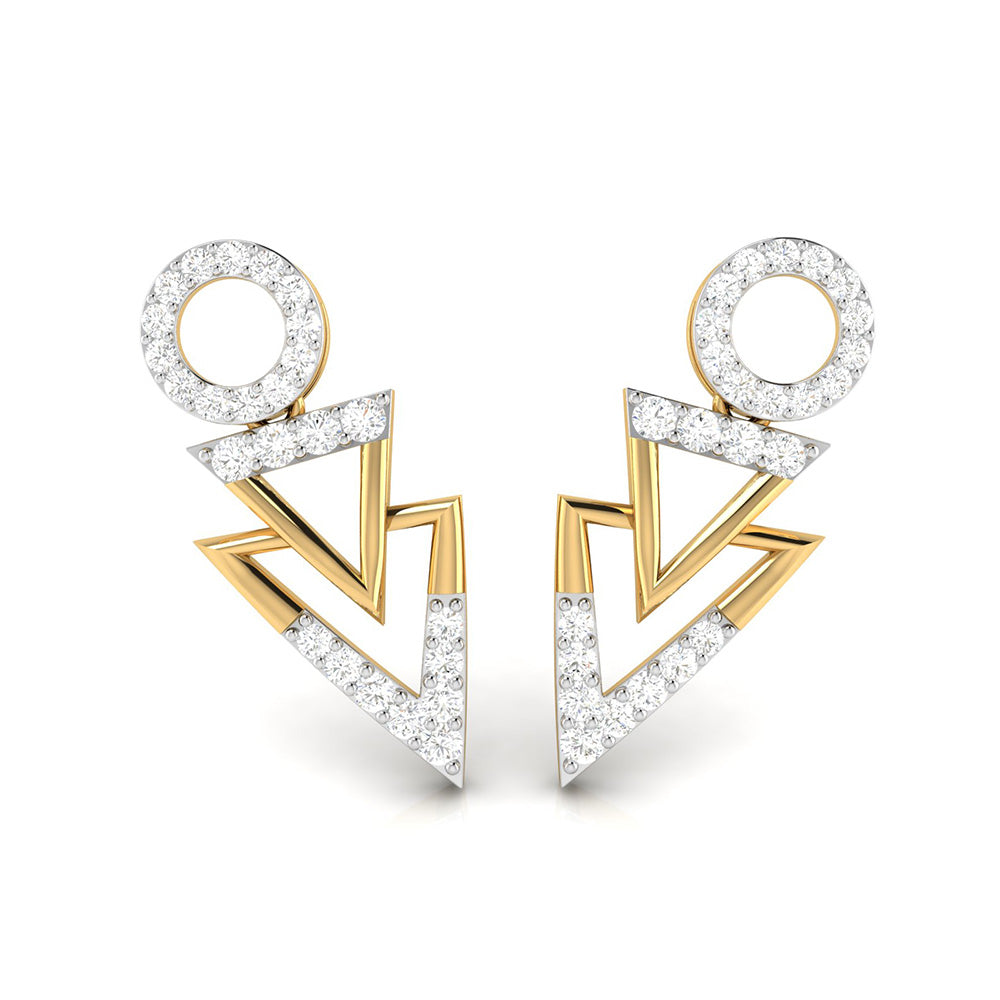 The Dior Diamond Earring by Niraa features an exquisite geometric design, with a captivating circle at the top leading to two dazzling, diamond-studded triangles.
