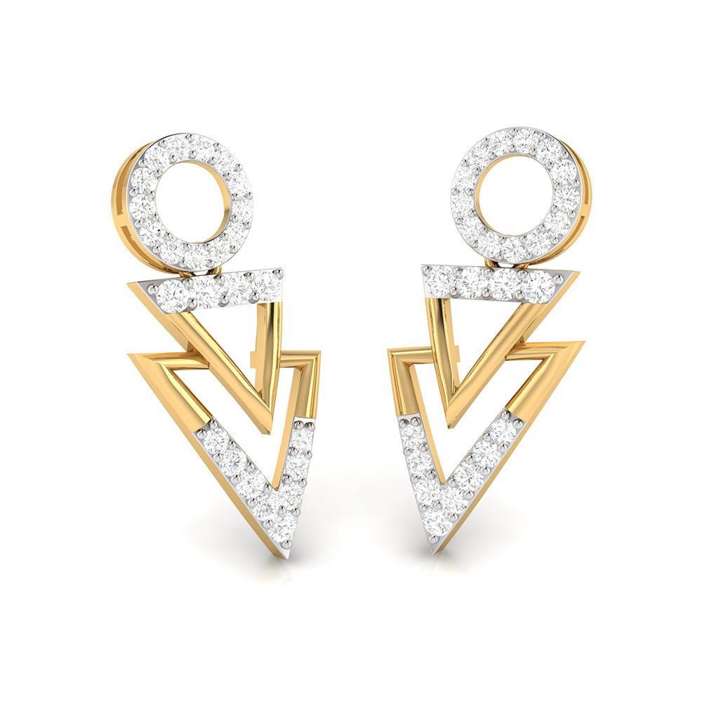 The Dior Diamond Earring by Niraa features an exquisite geometric design, with a captivating circle at the top leading to two dazzling, diamond-studded triangles.