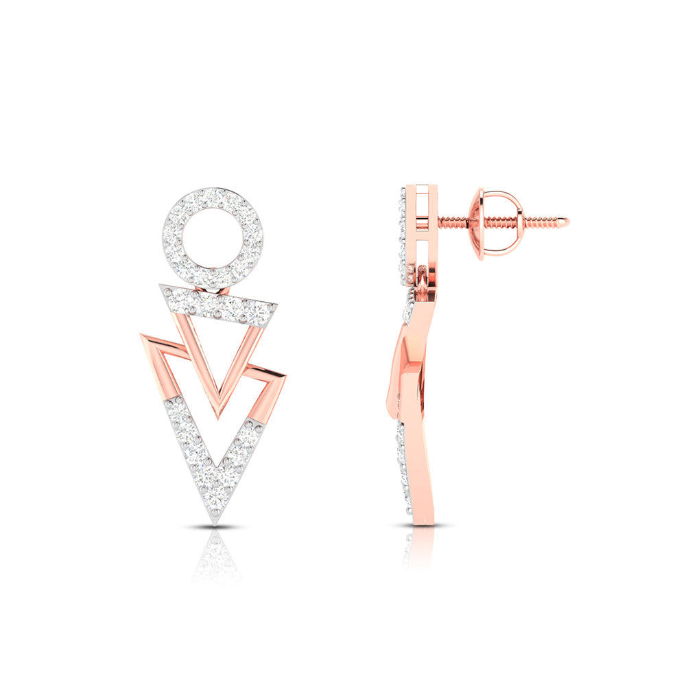 The Dior Diamond Earring by Niraa features an exquisite geometric design, with a captivating circle at the top leading to two dazzling, diamond-studded triangles.