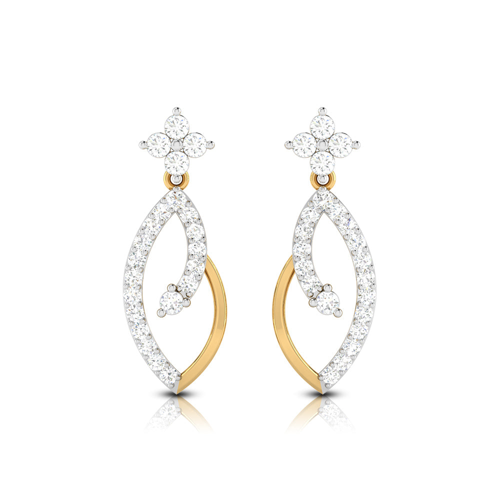 The Niraa Donatella Diamond Earring features a floral cluster with gold and diamond detailing, an elongated teardrop design embedded with small diamonds on white gold, and a graceful gold curve.