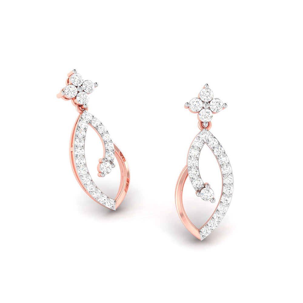 The Niraa Donatella Diamond Earring features a floral cluster with gold and diamond detailing, an elongated teardrop design embedded with small diamonds on white gold, and a graceful gold curve.