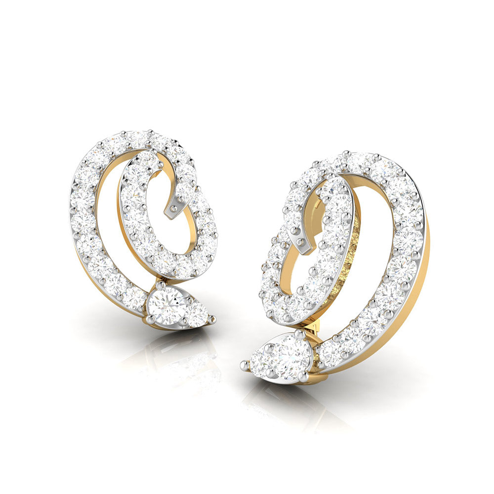 The Eleanor Diamond Earring by Niraa features a spiral design with small diamonds adorning the curves and teardrop-shaped diamonds at each end, adding elegance and sparkle to this exquisite piece.