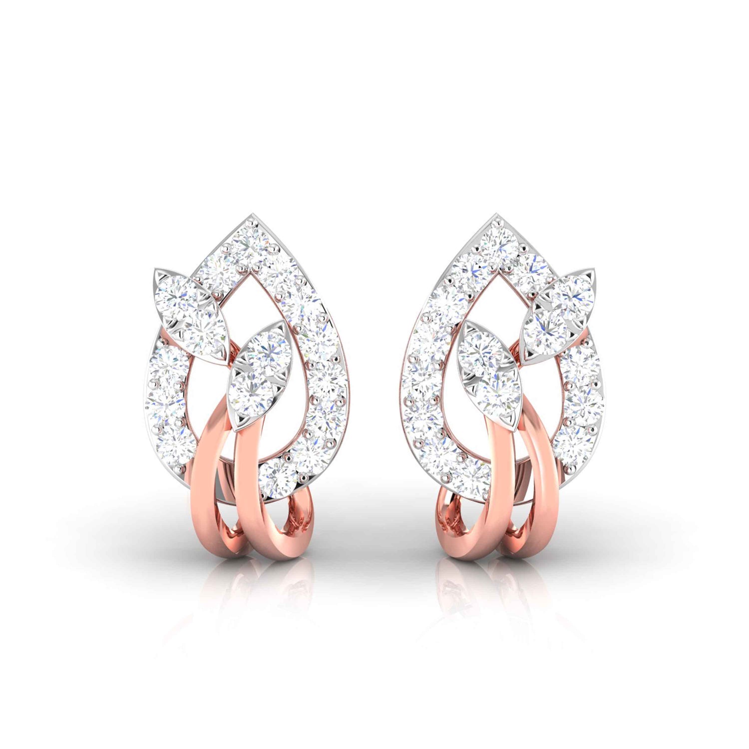 The Emilia Diamond Earrings by Niraa feature pear-shaped, intertwined loops of gold and diamond encrusted with sparkling diamonds. Elegantly crafted with smooth golden bands, they exude timeless charm.