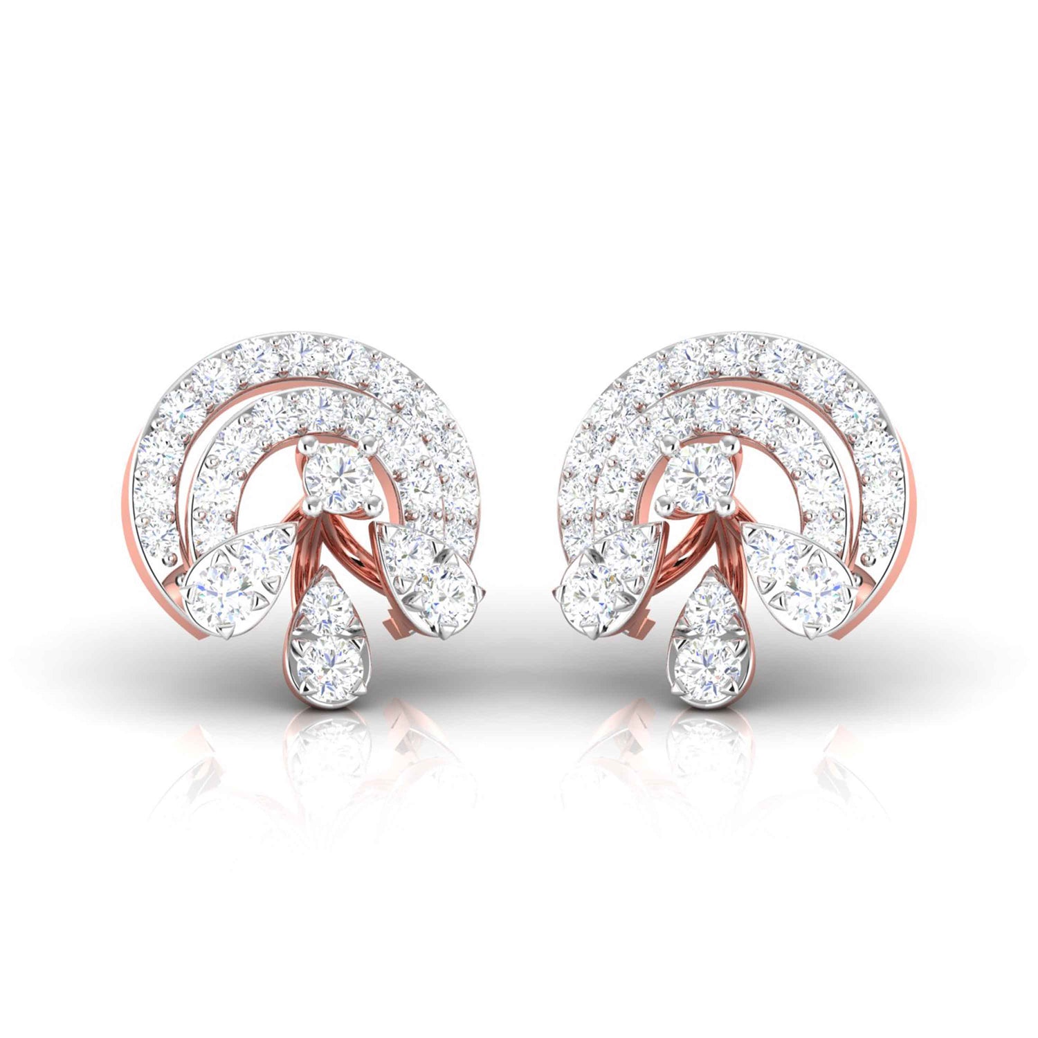 The Emmanuella Diamond Earrings by Niraa are exquisite gold pieces featuring a circular fan design with small, sparkling diamonds and three larger teardrop-shaped diamonds elegantly arranged like droplets at the center.