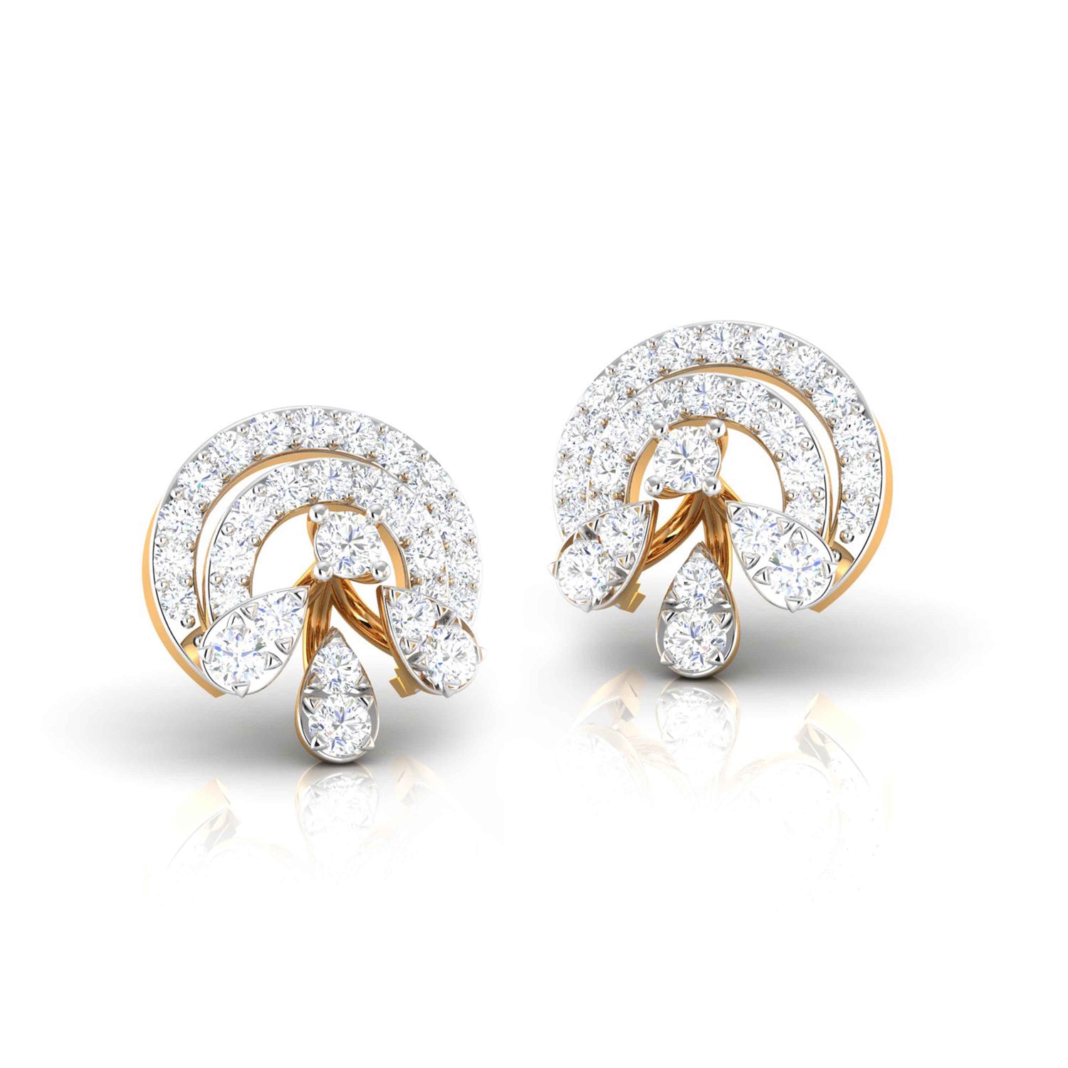 The Emmanuella Diamond Earrings by Niraa are exquisite gold pieces featuring a circular fan design with small, sparkling diamonds and three larger teardrop-shaped diamonds elegantly arranged like droplets at the center.
