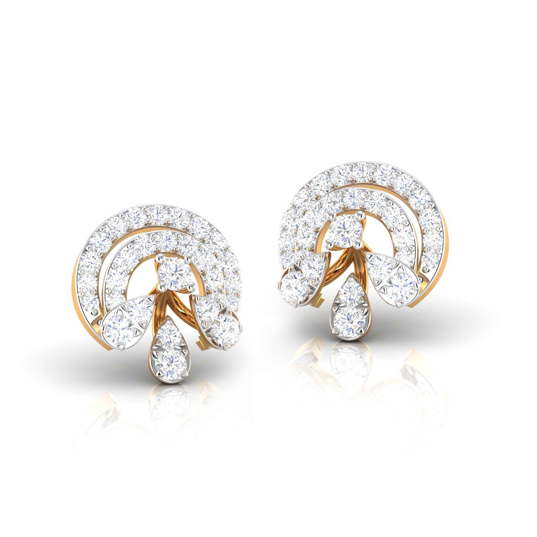 The Emmanuella Diamond Earrings by Niraa are exquisite gold pieces featuring a circular fan design with small, sparkling diamonds and three larger teardrop-shaped diamonds elegantly arranged like droplets at the center.