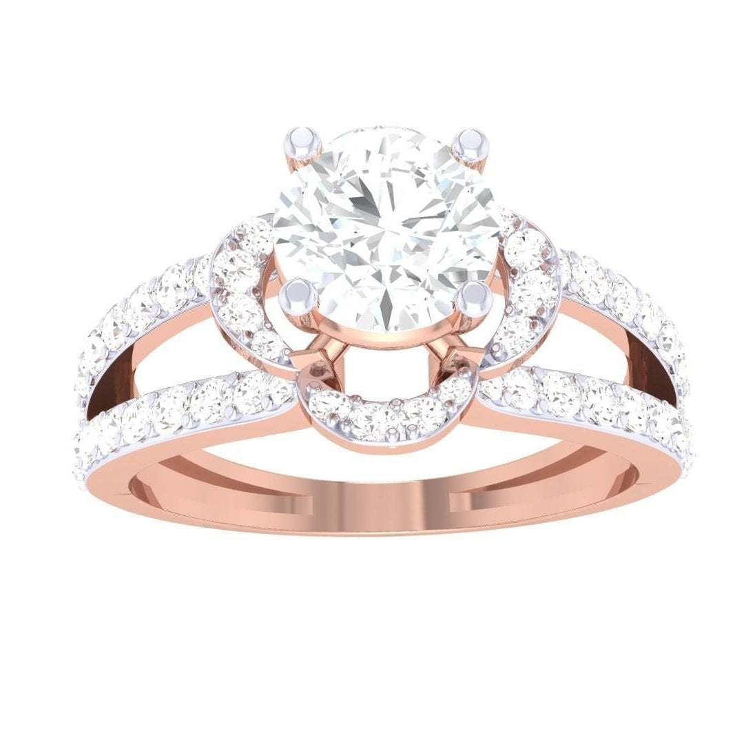The Niraa Josephine Diamond Solitaire Ring features a rose gold band with two split shanks encrusted in smaller diamonds and a large central diamond. Delicate circular accents enhance its brilliance, creating an exquisite piece that stands out.