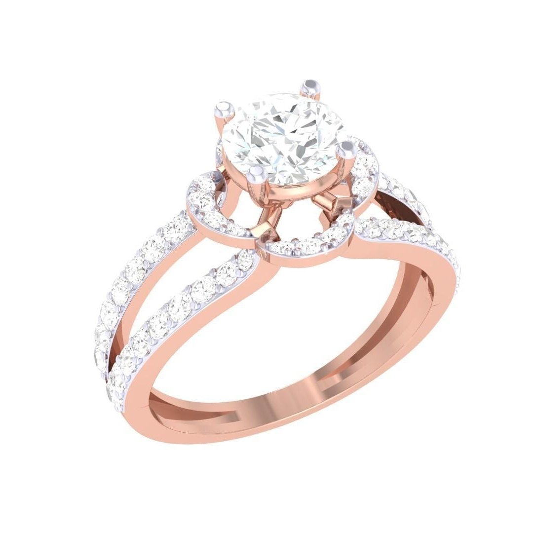 The Niraa Josephine Diamond Solitaire Ring features a rose gold band with two split shanks encrusted in smaller diamonds and a large central diamond. Delicate circular accents enhance its brilliance, creating an exquisite piece that stands out.