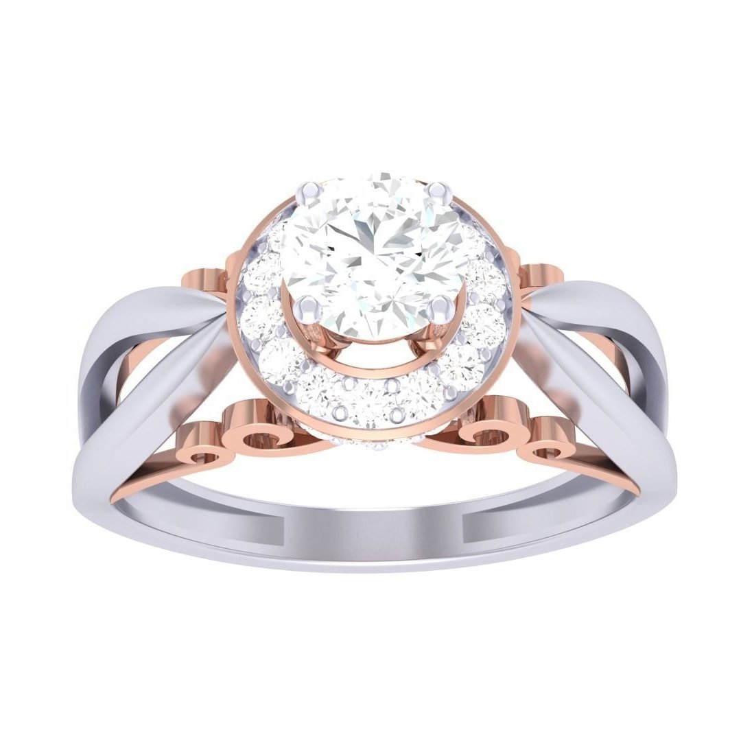 The Diane Diamond Solitaire Ring by Niraa features a central diamond encircled by smaller gems. The two-tone band intertwines gold and silver, with decorative swirls, creating a timeless elegance.