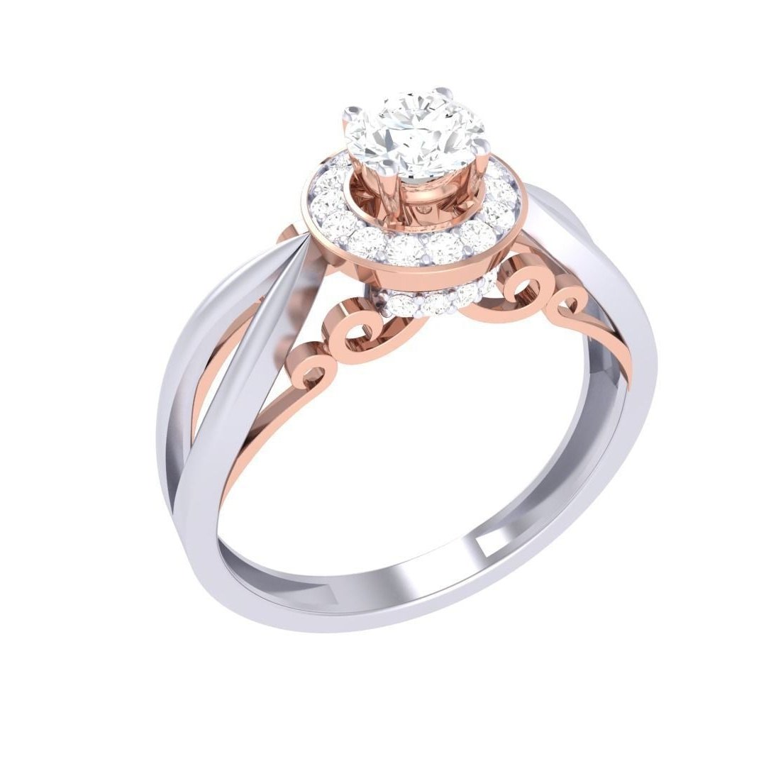 The Diane Diamond Solitaire Ring by Niraa features a central diamond encircled by smaller gems. The two-tone band intertwines gold and silver, with decorative swirls, creating a timeless elegance.