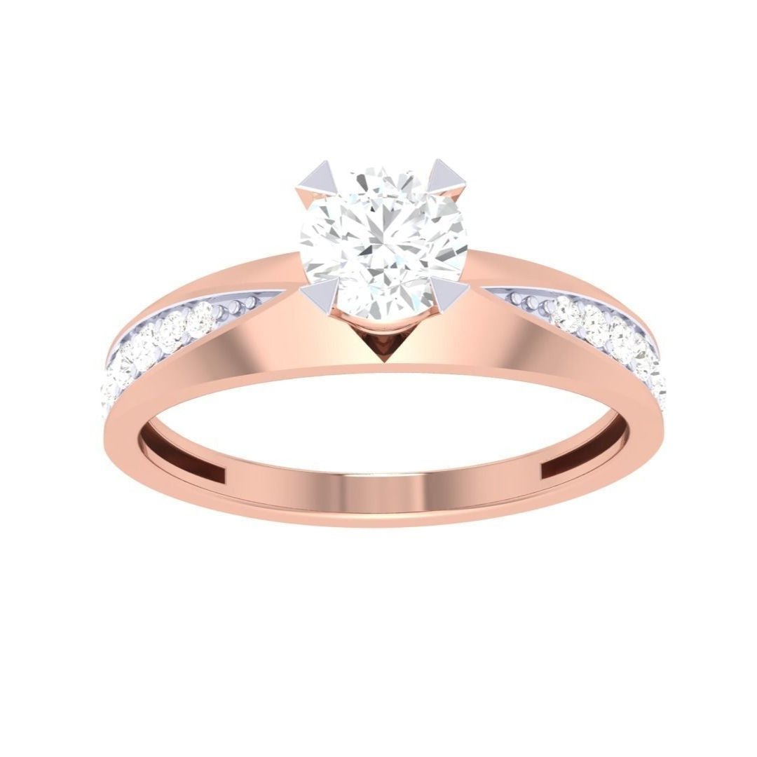 The Jacqueline Diamond Solitaire Ring by Niraa features a striking rose gold band with a large round solitaire diamond at its center, elegantly adorned with smaller diamonds along the sides. Perfect for those seeking an exquisite and luxurious design.