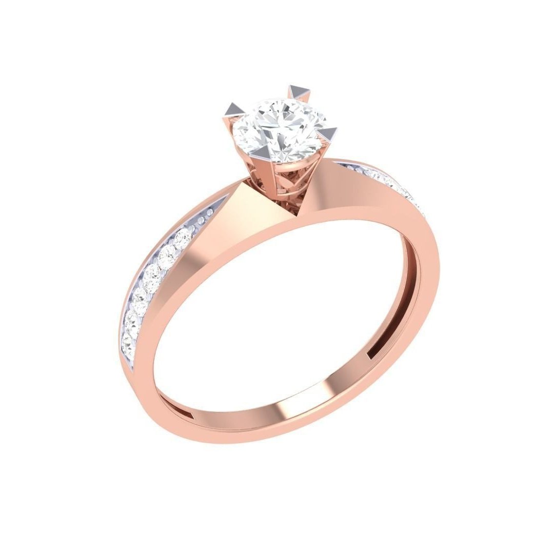 The Jacqueline Diamond Solitaire Ring by Niraa features a striking rose gold band with a large round solitaire diamond at its center, elegantly adorned with smaller diamonds along the sides. Perfect for those seeking an exquisite and luxurious design.