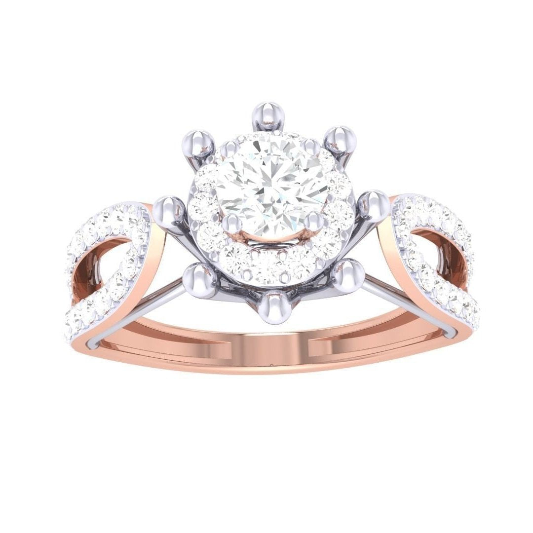 Discover Niraas Coco Diamond Solitaire Ring, a luxurious rose gold band featuring a central diamond with surrounding sparklers. The split shank has additional diamond accents for extra elegance. Comes with a diamond certificate to ensure quality.