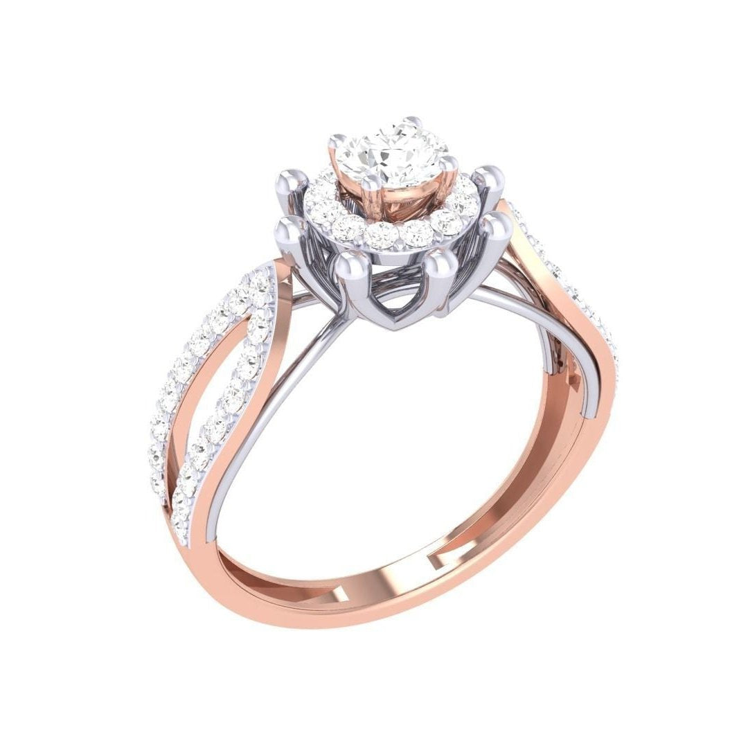 Discover Niraas Coco Diamond Solitaire Ring, a luxurious rose gold band featuring a central diamond with surrounding sparklers. The split shank has additional diamond accents for extra elegance. Comes with a diamond certificate to ensure quality.