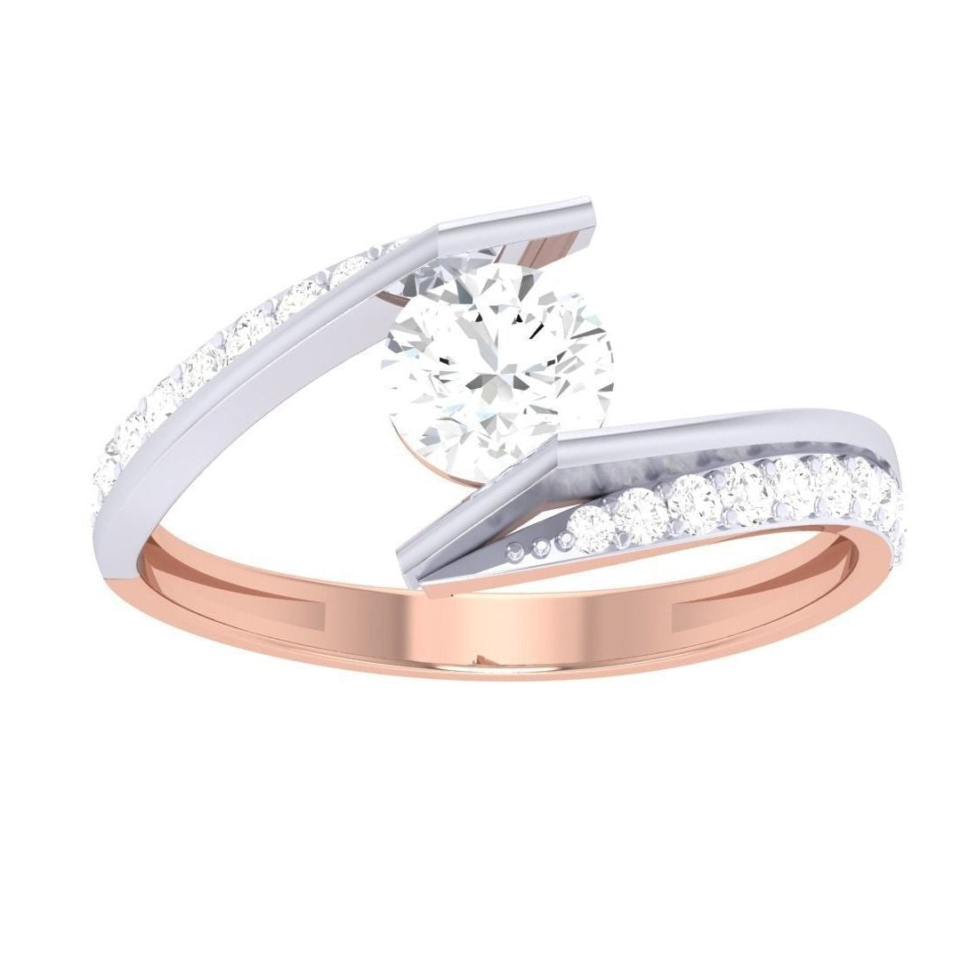 The Gwyneth Diamond Solitaire Ring by Niraa features a stunning round diamond at its center, set on a rose gold and silver band that splits, adorned with smaller diamonds for added elegance and classic charm.