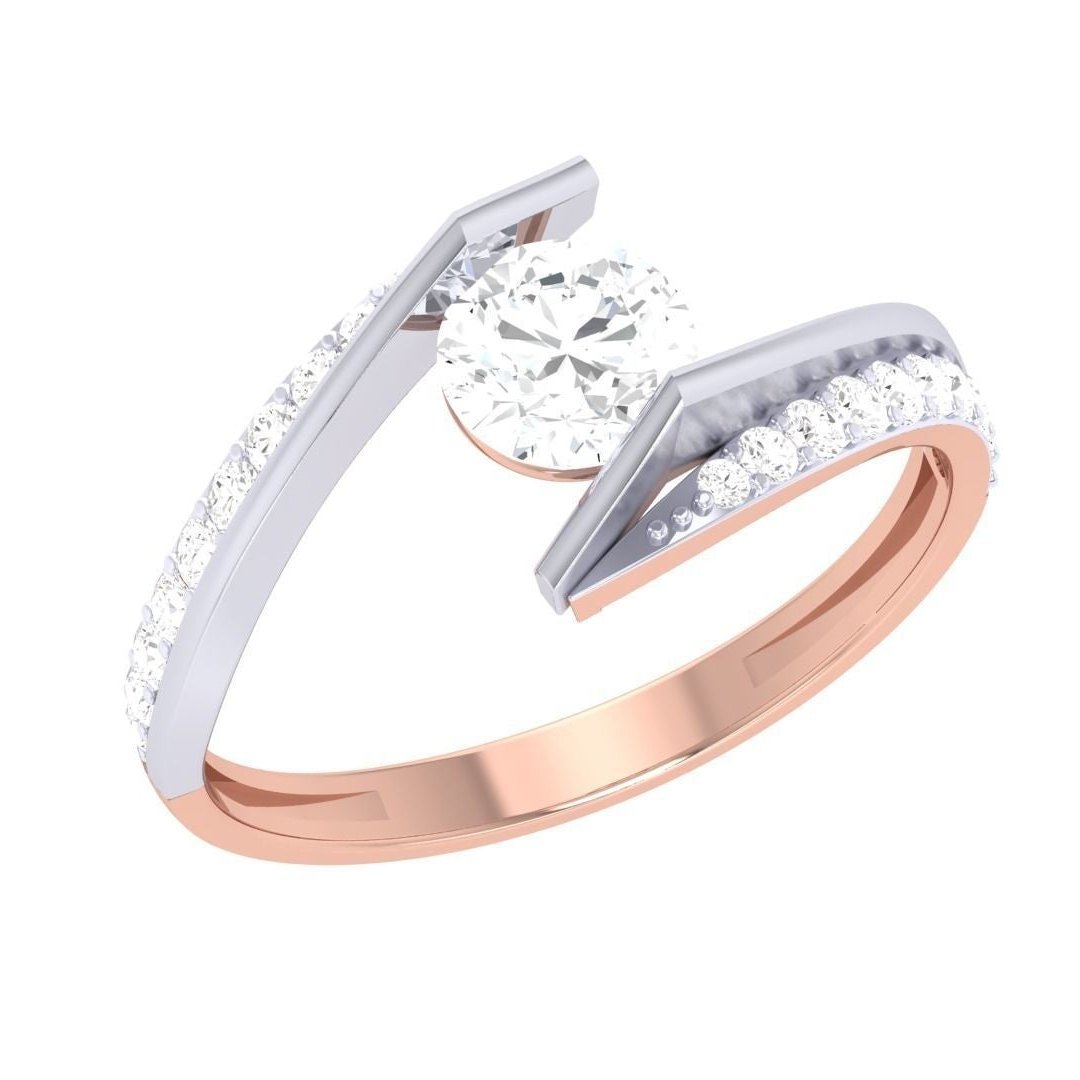 The Gwyneth Diamond Solitaire Ring by Niraa features a stunning round diamond at its center, set on a rose gold and silver band that splits, adorned with smaller diamonds for added elegance and classic charm.